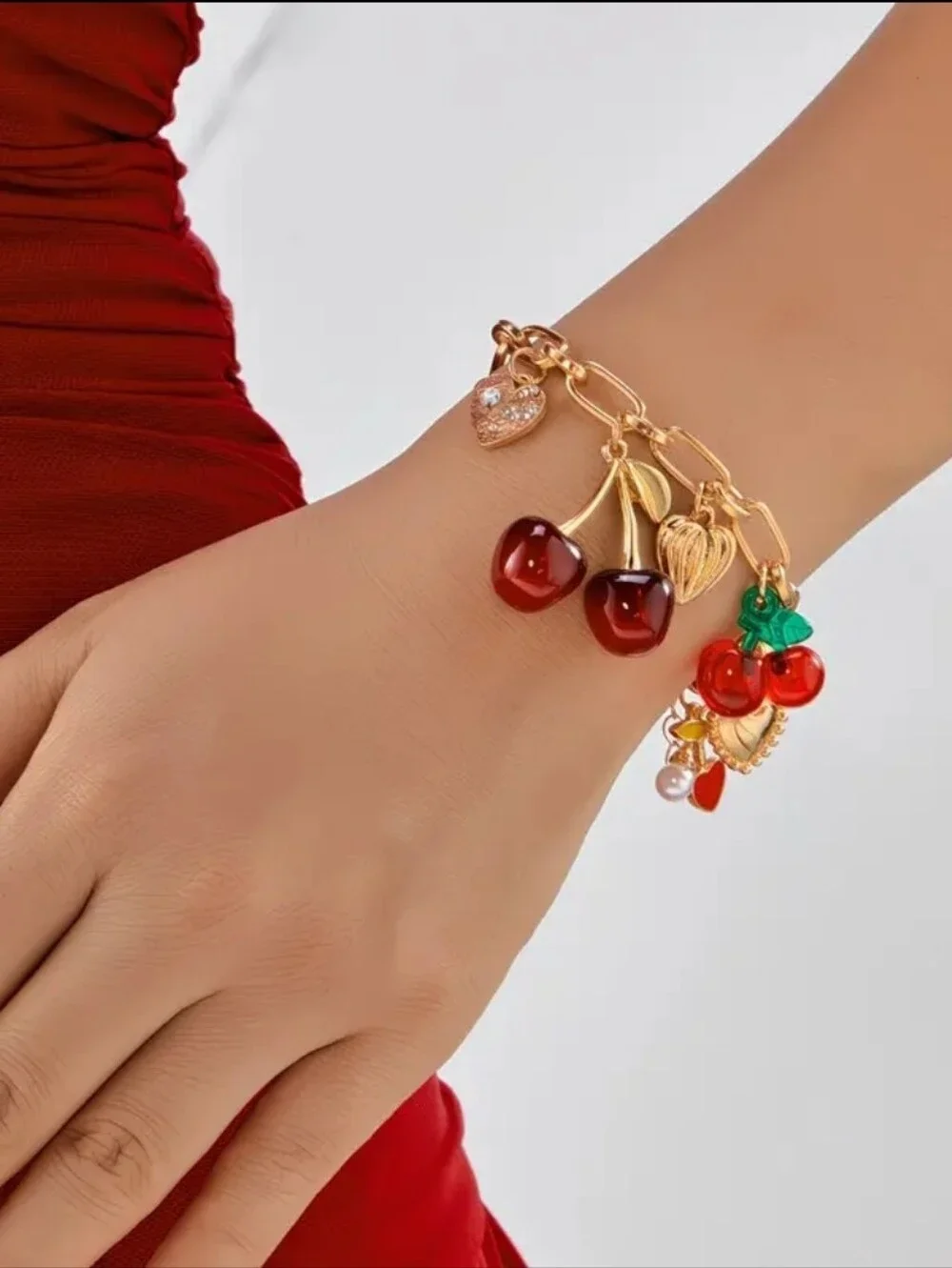 Women Fashion Golden Color Cherry Charm Bracelet